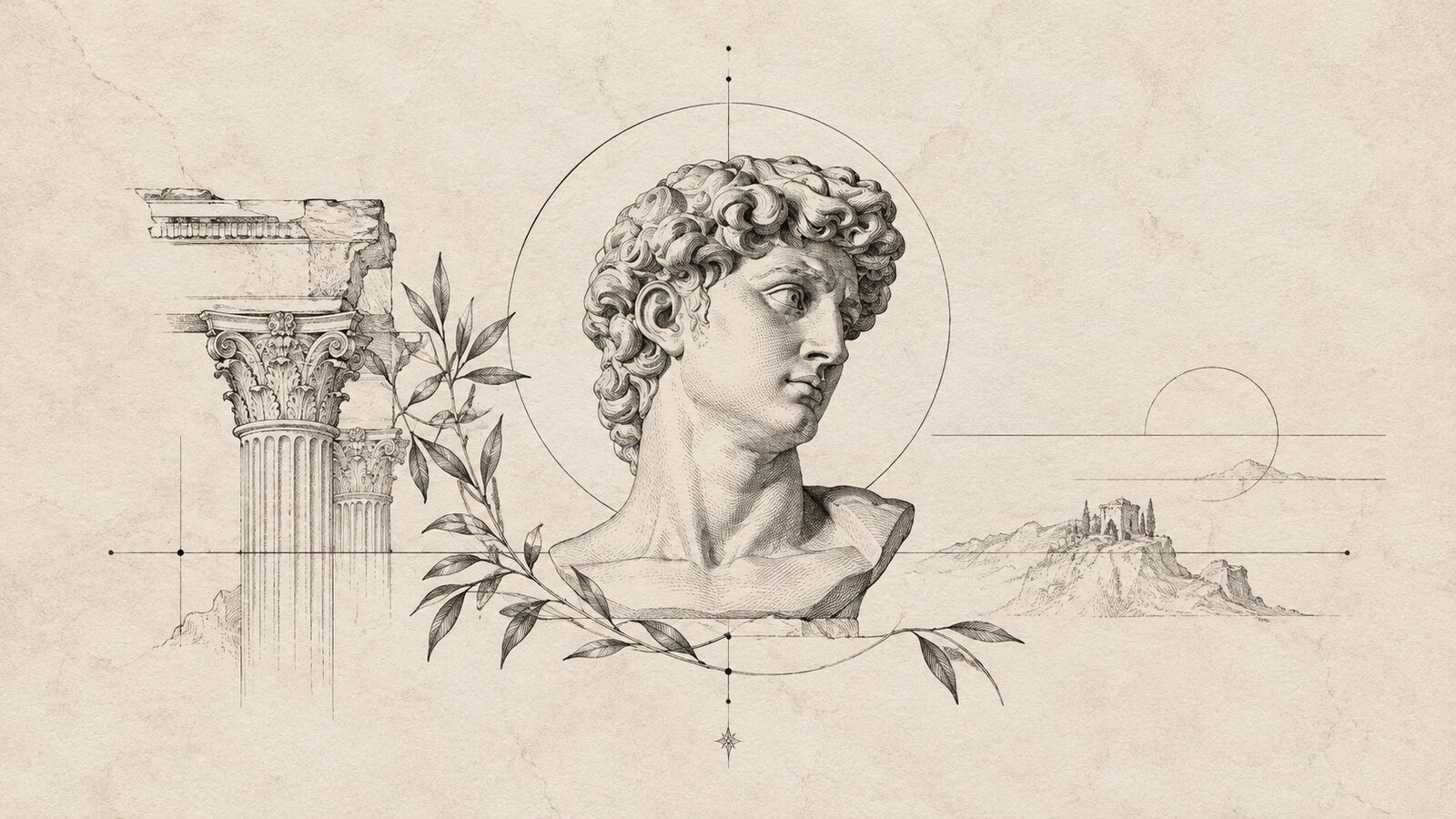 Copperplate etching of the bust of David inside a thin construction circle, with Corinthian columns, a laurel sprig and a hilltop ruin, black ink on warm paper.