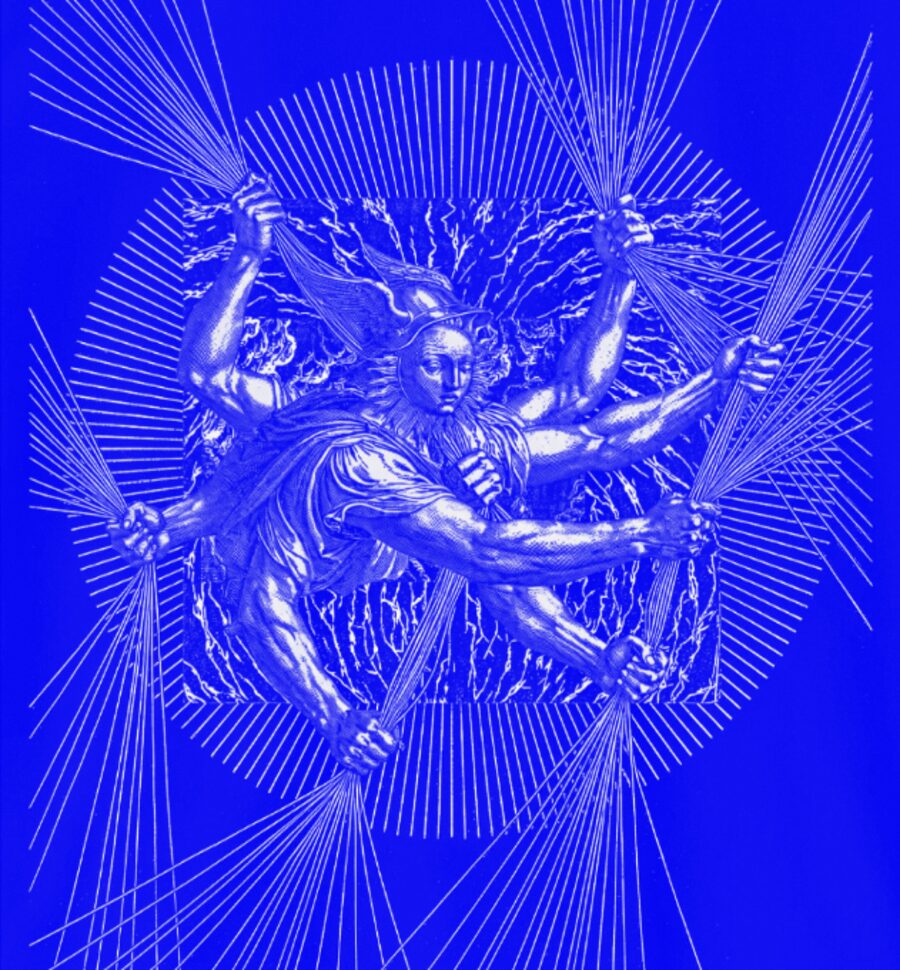 Nous's hero engraving: a four-armed Hermes pulling bundles of strings inside a ray circle, white line on electric blue.